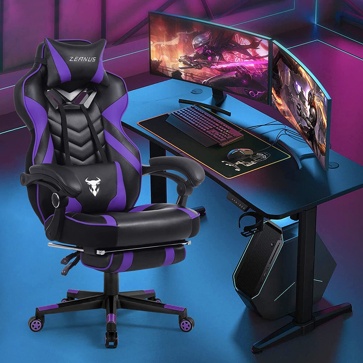 Reclining Computer Footrest, High Back Gamer Massage, Large Racing Style Desk, Big and Tall Gaming Chairs for Adults, Purple/Black