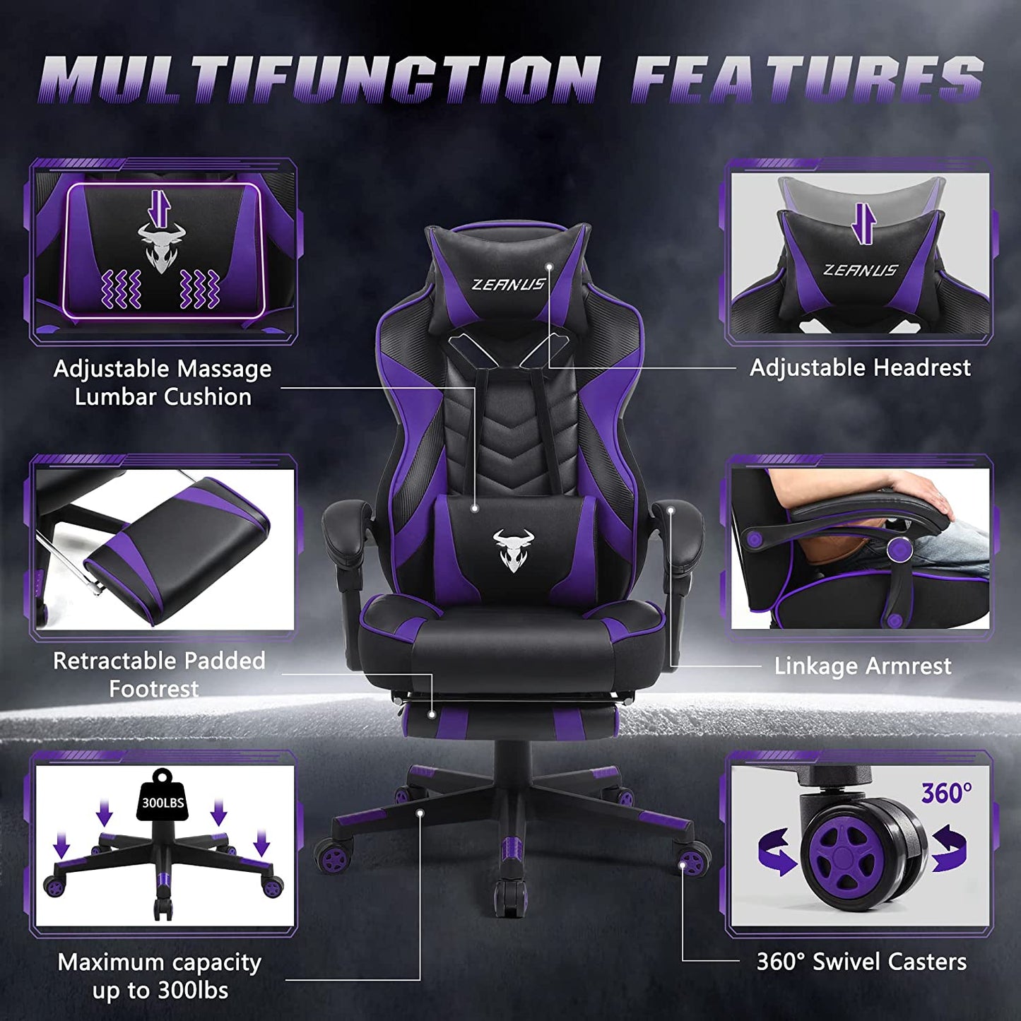 Reclining Computer Footrest, High Back Gamer Massage, Large Racing Style Desk, Big and Tall Gaming Chairs for Adults, Purple/Black