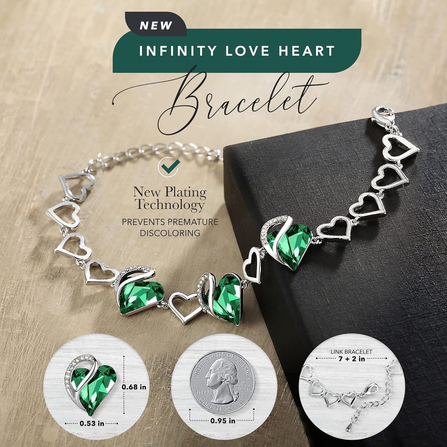 Valentine'S Day Heart Link Bracelets for Women, Infinity Love Birthstone Crystal Charms or Healing Stones, Silver Plated Jewelry Gifts for Her, 7-Inch Chain and 2-Inch Extender