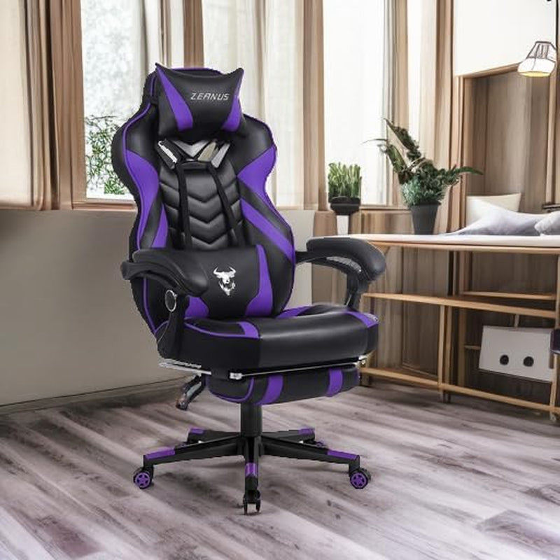 Reclining Computer Footrest, High Back Gamer Massage, Large Racing Style Desk, Big and Tall Gaming Chairs for Adults, Purple/Black