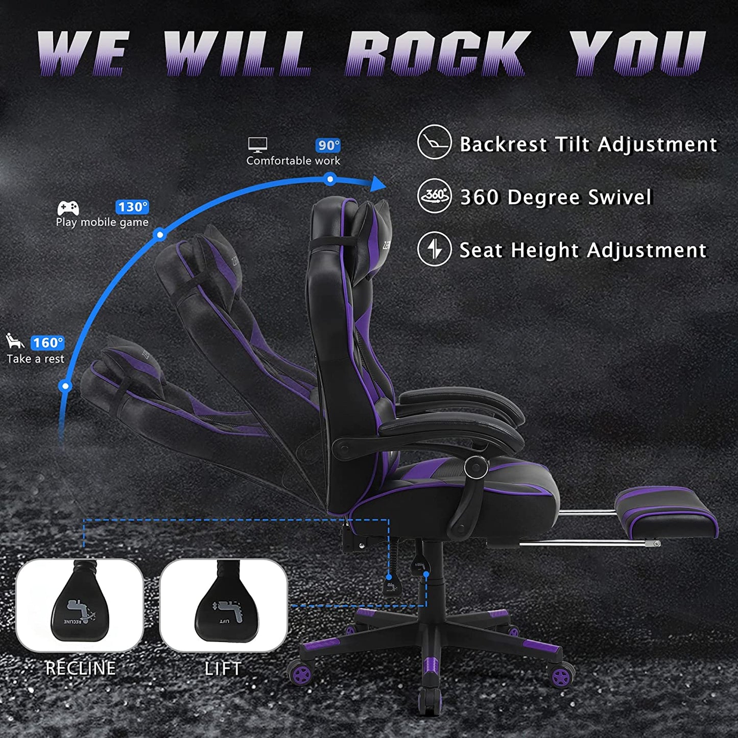Reclining Computer Footrest, High Back Gamer Massage, Large Racing Style Desk, Big and Tall Gaming Chairs for Adults, Purple/Black