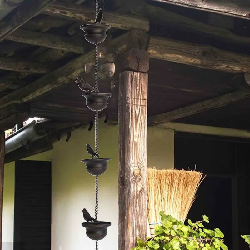 Creative Birds on Cups Metal Rain Chain Rain Catcher Gutter Roof Rainwater Catcher Chain Drainage Downspout Tool Outdoor Decor