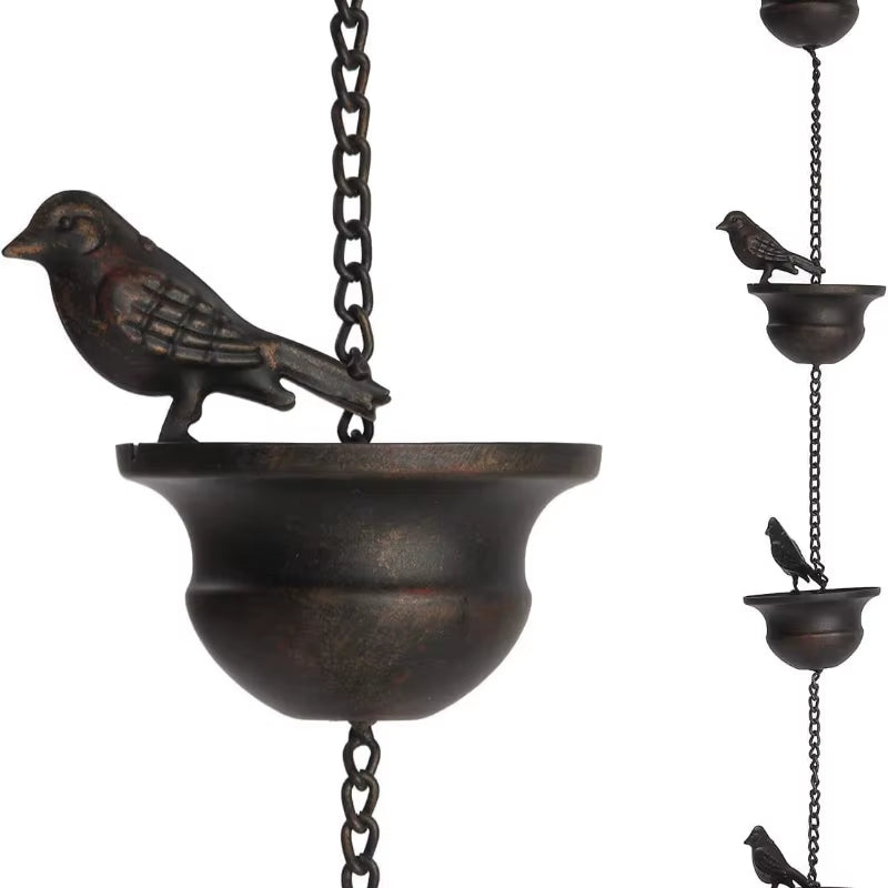 Creative Birds on Cups Metal Rain Chain Rain Catcher Gutter Roof Rainwater Catcher Chain Drainage Downspout Tool Outdoor Decor