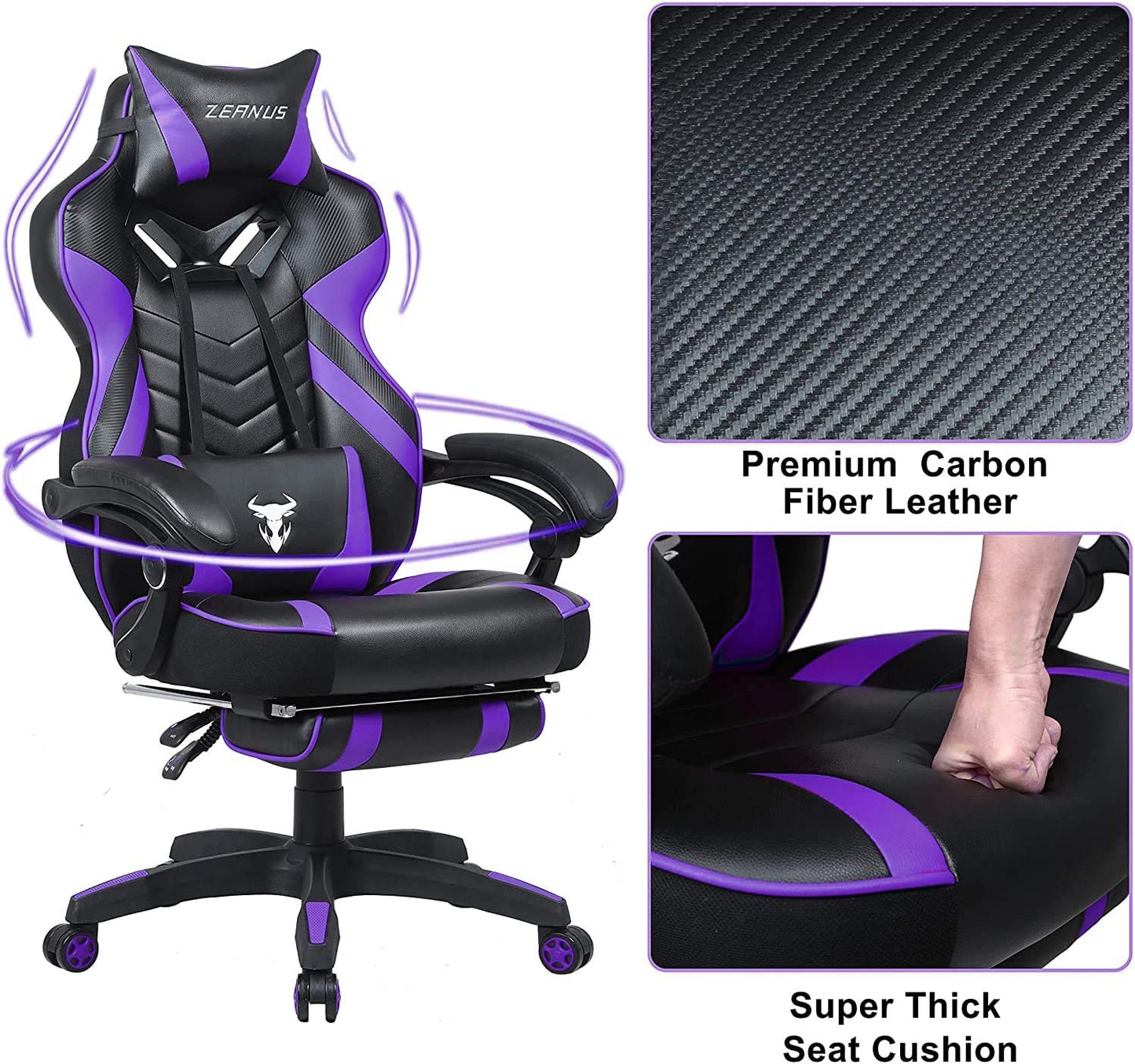 Reclining Computer Footrest, High Back Gamer Massage, Large Racing Style Desk, Big and Tall Gaming Chairs for Adults, Purple/Black