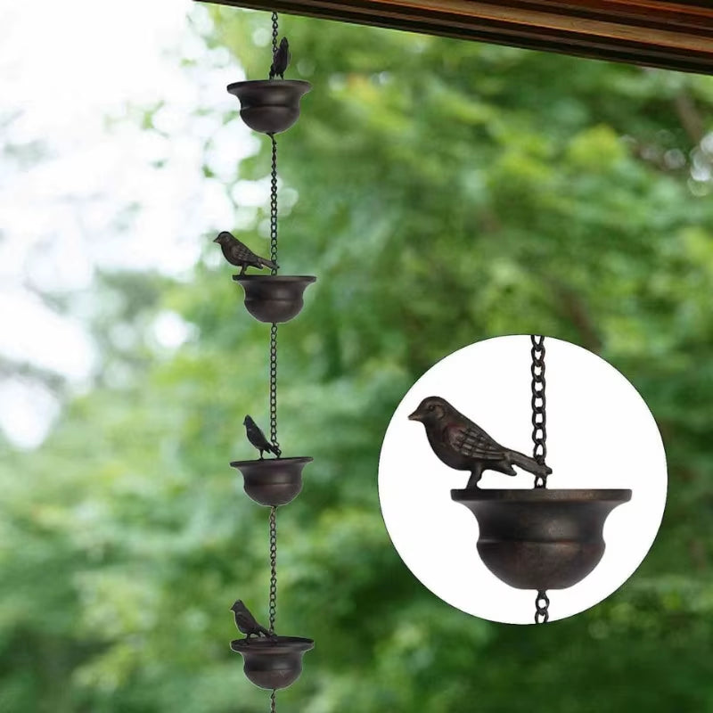 Creative Birds on Cups Metal Rain Chain Rain Catcher Gutter Roof Rainwater Catcher Chain Drainage Downspout Tool Outdoor Decor