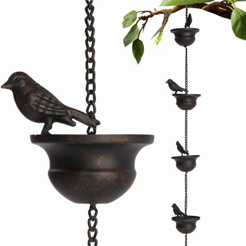 Creative Birds on Cups Metal Rain Chain Rain Catcher Gutter Roof Rainwater Catcher Chain Drainage Downspout Tool Outdoor Decor