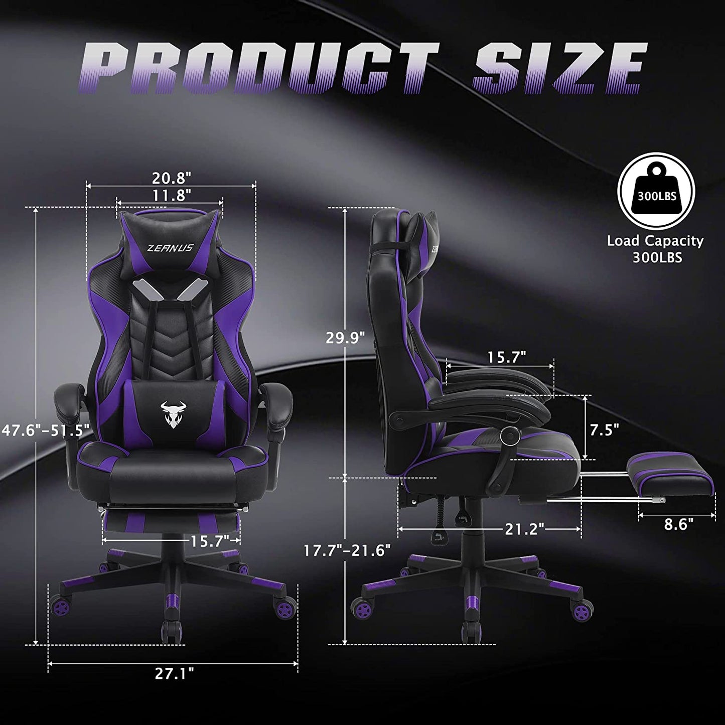 Reclining Computer Footrest, High Back Gamer Massage, Large Racing Style Desk, Big and Tall Gaming Chairs for Adults, Purple/Black