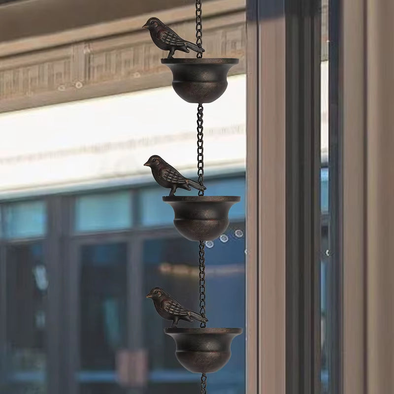 Creative Birds on Cups Metal Rain Chain Rain Catcher Gutter Roof Rainwater Catcher Chain Drainage Downspout Tool Outdoor Decor