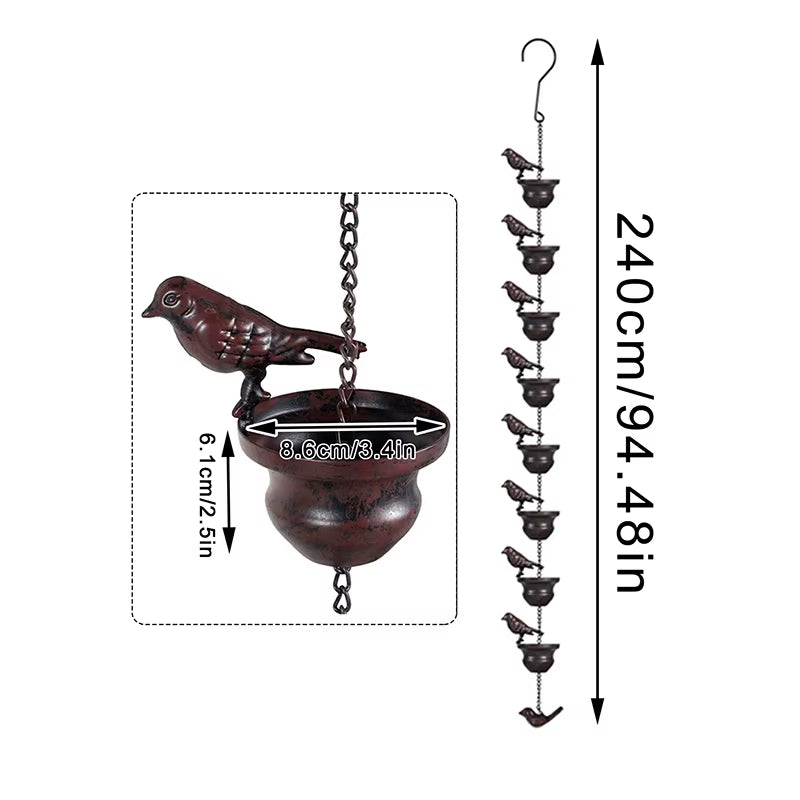 Creative Birds on Cups Metal Rain Chain Rain Catcher Gutter Roof Rainwater Catcher Chain Drainage Downspout Tool Outdoor Decor