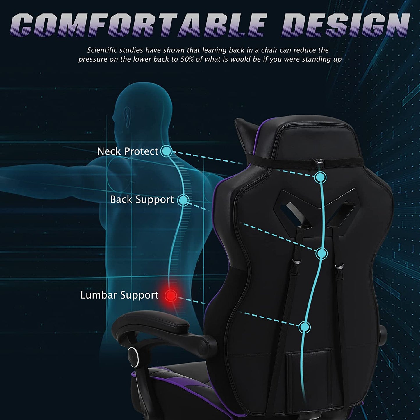 Reclining Computer Footrest, High Back Gamer Massage, Large Racing Style Desk, Big and Tall Gaming Chairs for Adults, Purple/Black