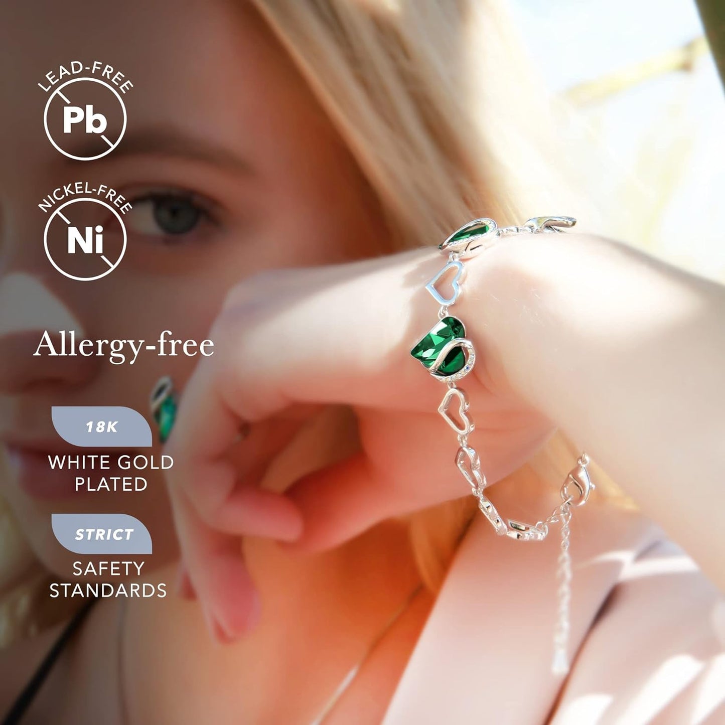 Valentine'S Day Heart Link Bracelets for Women, Infinity Love Birthstone Crystal Charms or Healing Stones, Silver Plated Jewelry Gifts for Her, 7-Inch Chain and 2-Inch Extender
