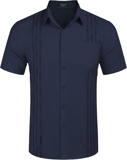 Men'S Linen Cuban Shirt Short Sleeve Beach Tops Mexican Guayabera Shirts Blue