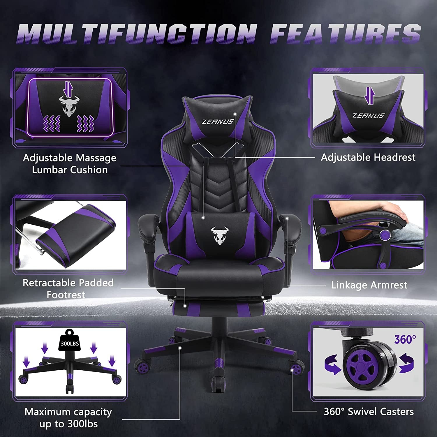 Reclining Computer Footrest, High Back Gamer Massage, Large Racing Style Desk, Big and Tall Gaming Chairs for Adults, Purple/Black