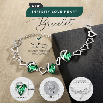 Valentine'S Day Heart Link Bracelets for Women, Infinity Love Birthstone Crystal Charms or Healing Stones, Silver Plated Jewelry Gifts for Her, 7-Inch Chain and 2-Inch Extender