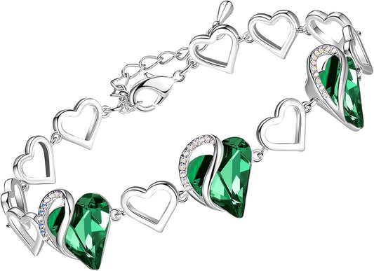 Valentine'S Day Heart Link Bracelets for Women, Infinity Love Birthstone Crystal Charms or Healing Stones, Silver Plated Jewelry Gifts for Her, 7-Inch Chain and 2-Inch Extender