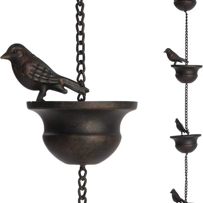 Creative Birds on Cups Metal Rain Chain Rain Catcher Gutter Roof Rainwater Catcher Chain Drainage Downspout Tool Outdoor Decor