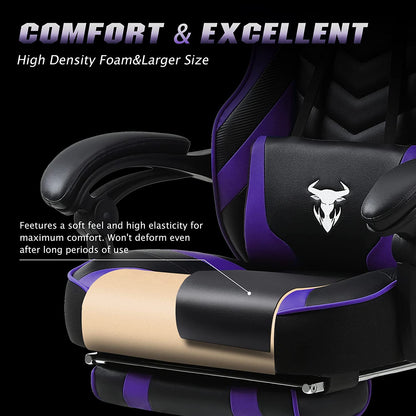 Reclining Computer Footrest, High Back Gamer Massage, Large Racing Style Desk, Big and Tall Gaming Chairs for Adults, Purple/Black