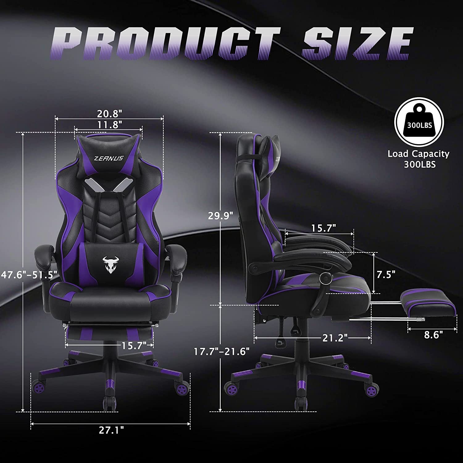 Reclining Computer Footrest, High Back Gamer Massage, Large Racing Style Desk, Big and Tall Gaming Chairs for Adults, Purple/Black