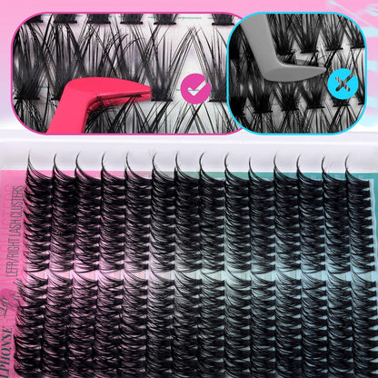 Lash Clusters Kit Cat Eye Lash Extension Kit 30P-60P Gradient Cluster Eyelash Extensions Kit Left Right Natural Individual Lashes Extension Kit with Lash Bond Seal Tweezers by