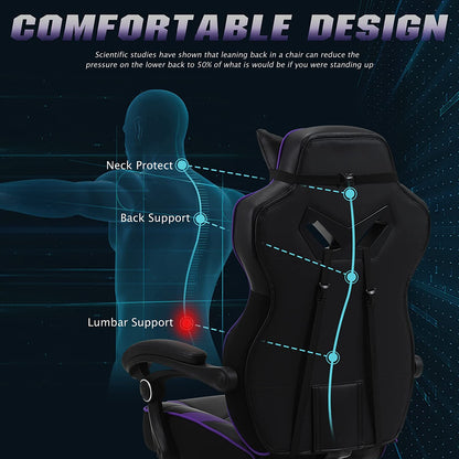 Reclining Computer Footrest, High Back Gamer Massage, Large Racing Style Desk, Big and Tall Gaming Chairs for Adults, Purple/Black