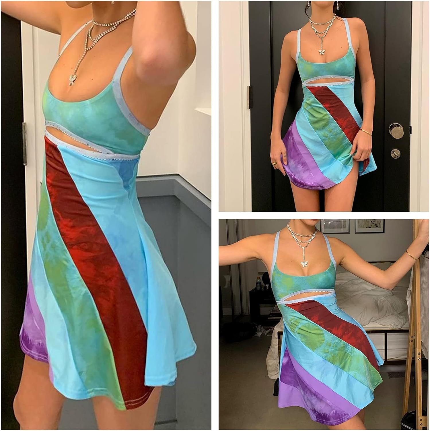Women'S Fashion Ripple Printing Dress Sexy Summer Spaghetti Strap Backless Suspender Mini Dress A-Line Short Dress