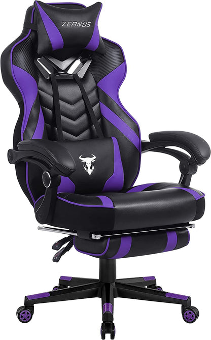 Reclining Computer Footrest, High Back Gamer Massage, Large Racing Style Desk, Big and Tall Gaming Chairs for Adults, Purple/Black