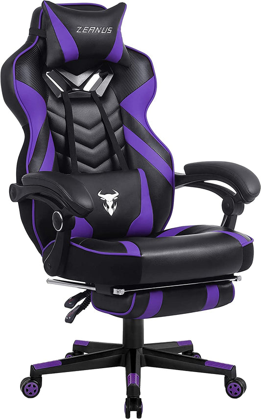 Reclining Computer Footrest, High Back Gamer Massage, Large Racing Style Desk, Big and Tall Gaming Chairs for Adults, Purple/Black