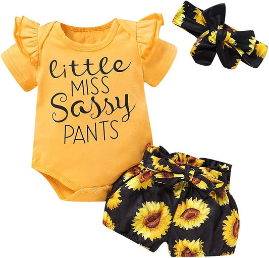 Newborn Baby Girl Cotton Ruffled Short Sleeve Bodysuit Tops + Floral Shorts Baby Girl Clothes Set