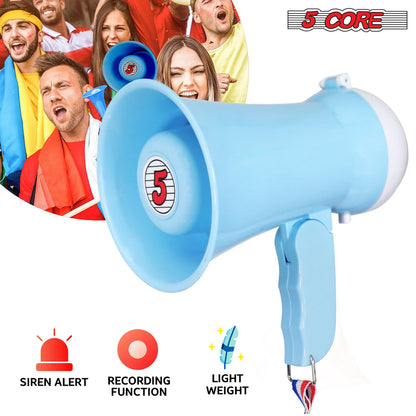 5 Core Megaphone Bullhorn Speaker 15W Mini Battery Power Bull Horn W Siren 400 Yard Range SKY BLUE